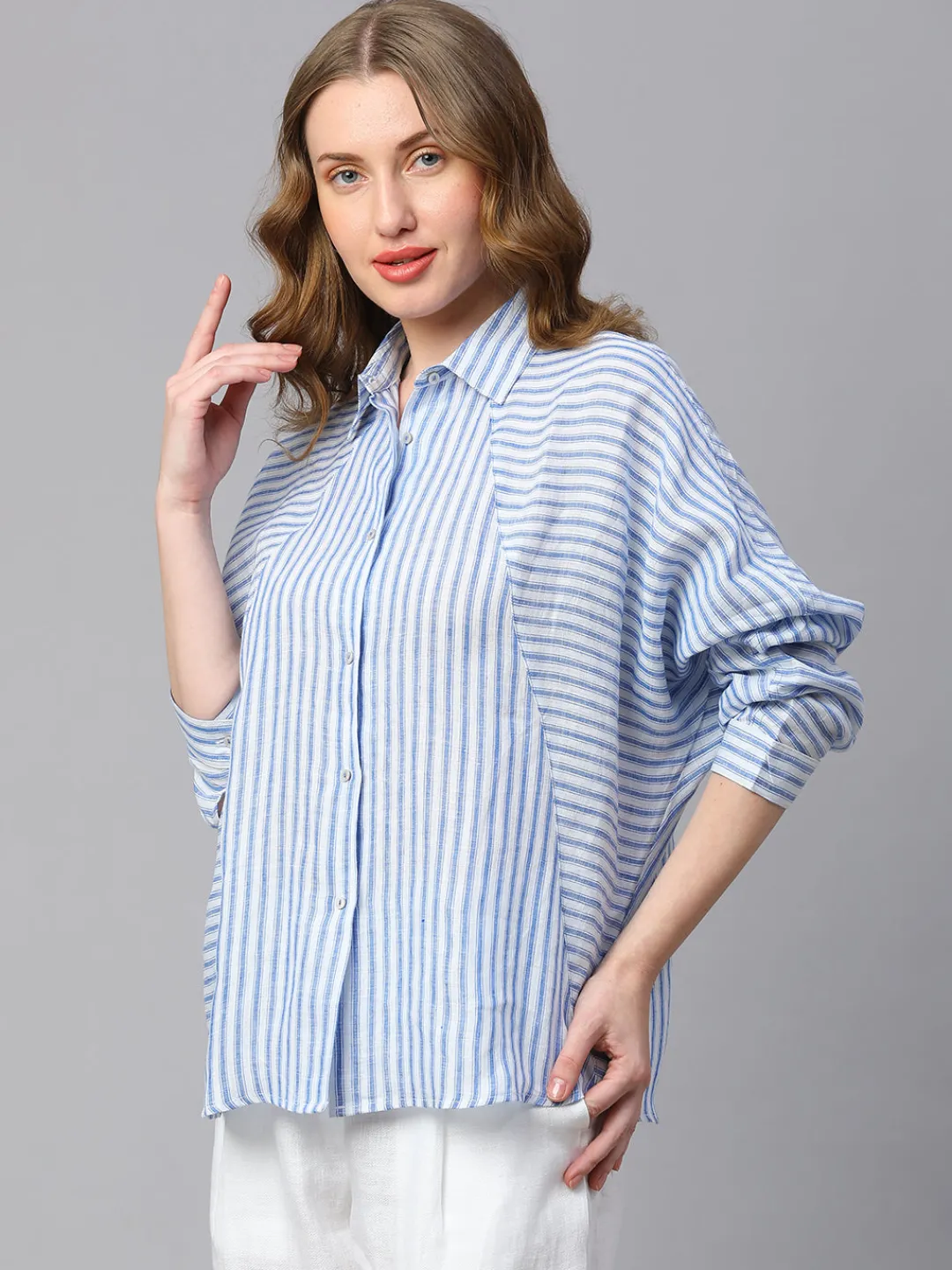 Women Cottonworld Tops & Shirts | Tops & Shirts^Women's Blue Striped Linen Shirt