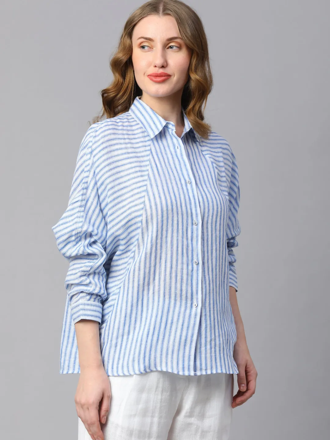 Women Cottonworld Tops & Shirts | Tops & Shirts^Women's Blue Striped Linen Shirt