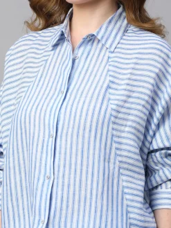 Women Cottonworld Tops & Shirts | Tops & Shirts^Women's Blue Striped Linen Shirt