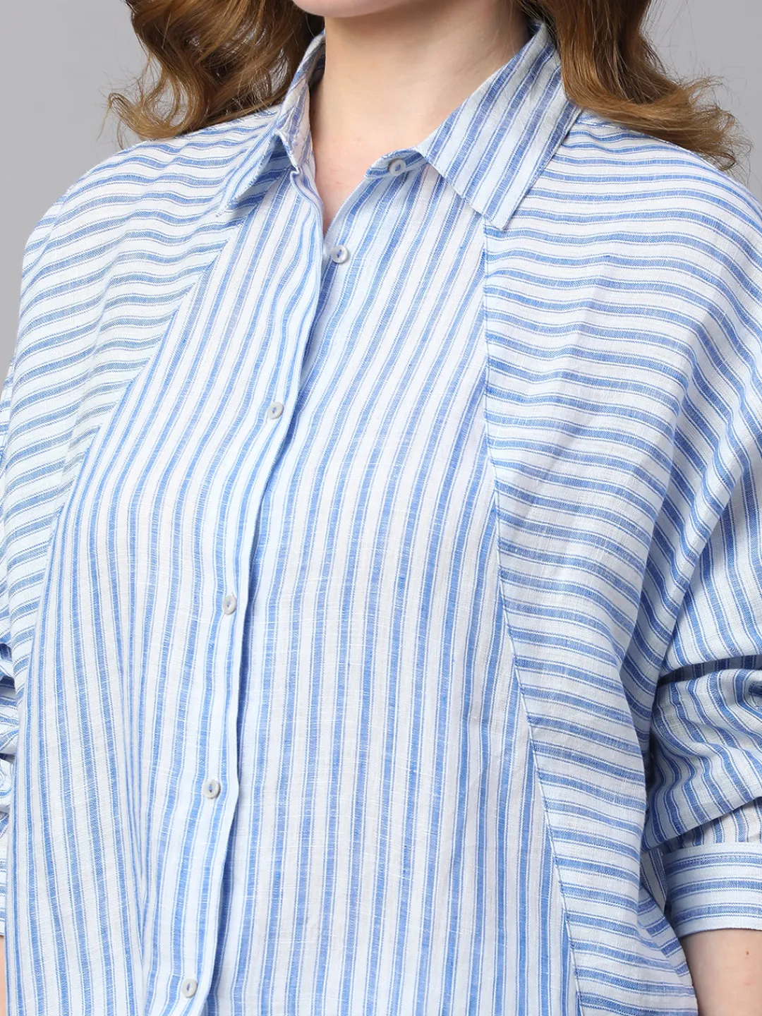 Women Cottonworld Tops & Shirts | Tops & Shirts^Women's Blue Striped Linen Shirt