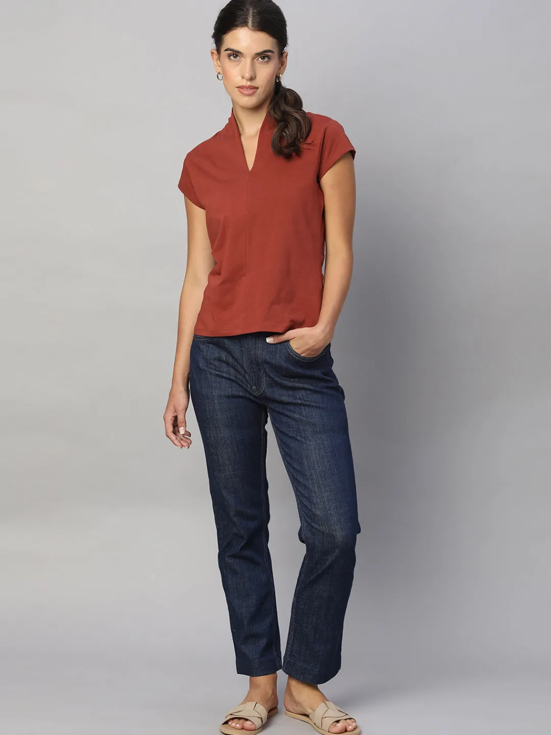 Women Cottonworld V-Neck^Women's Cotton Elastane Slim Fit Tshirt