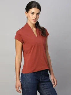 Women Cottonworld V-Neck^Women's Cotton Elastane Slim Fit Tshirt