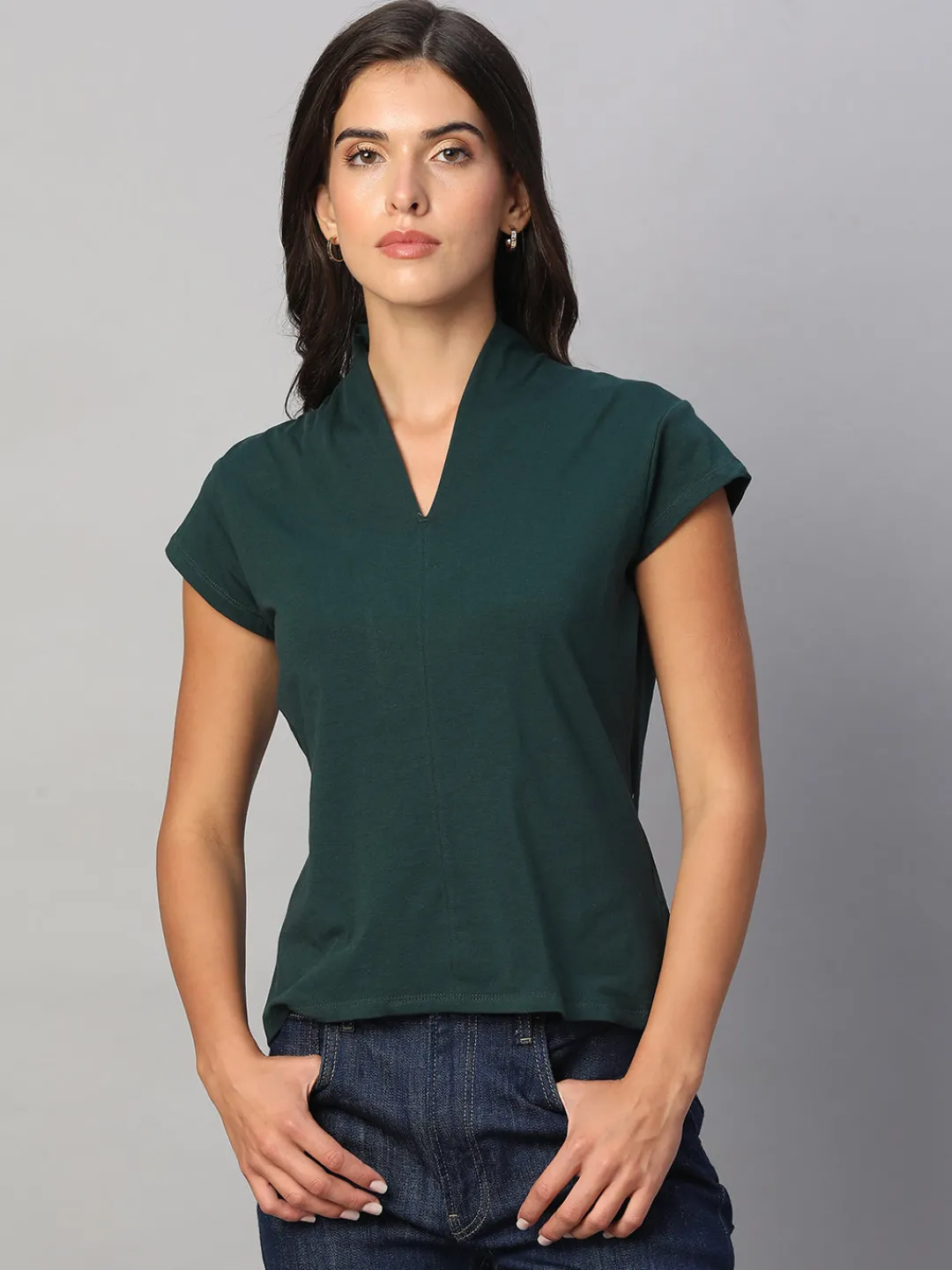 Women Cottonworld V-Neck^Women's Cotton Elastane Slim Fit Tshirt