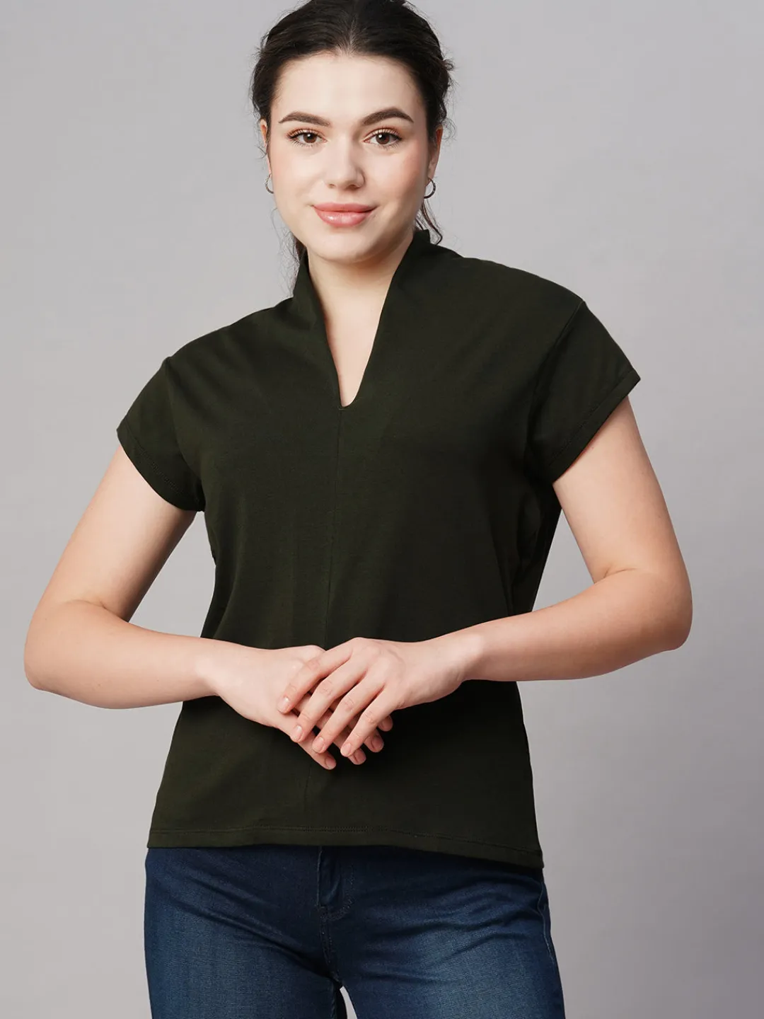 Women Cottonworld V-Neck^Women's Cotton Elastane Slim Fit Tshirt