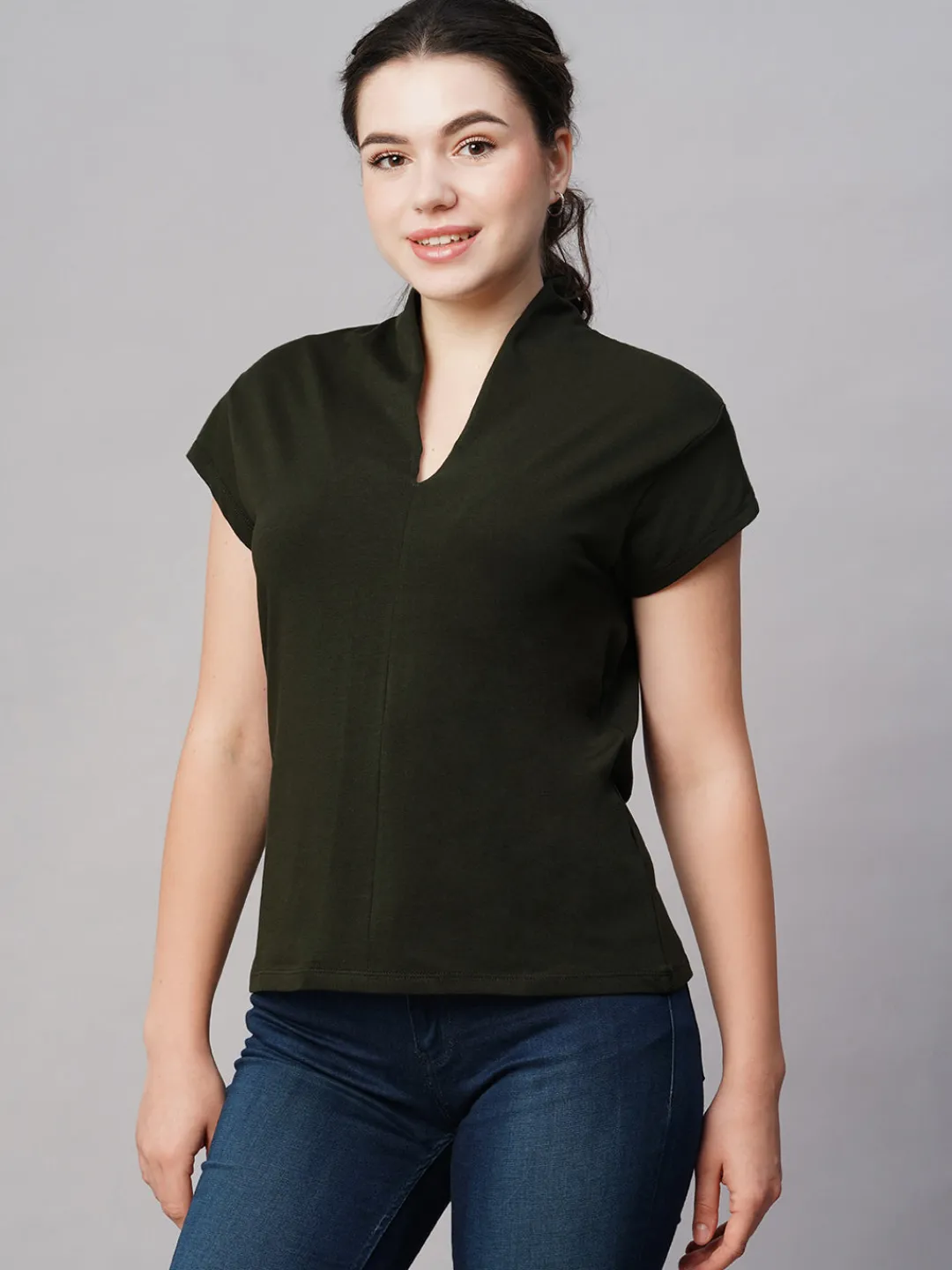 Women Cottonworld V-Neck^Women's Cotton Elastane Slim Fit Tshirt