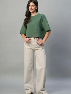 Women Cottonworld Round Neck^Women's 100% Cotton Boxy Fit Tshirt