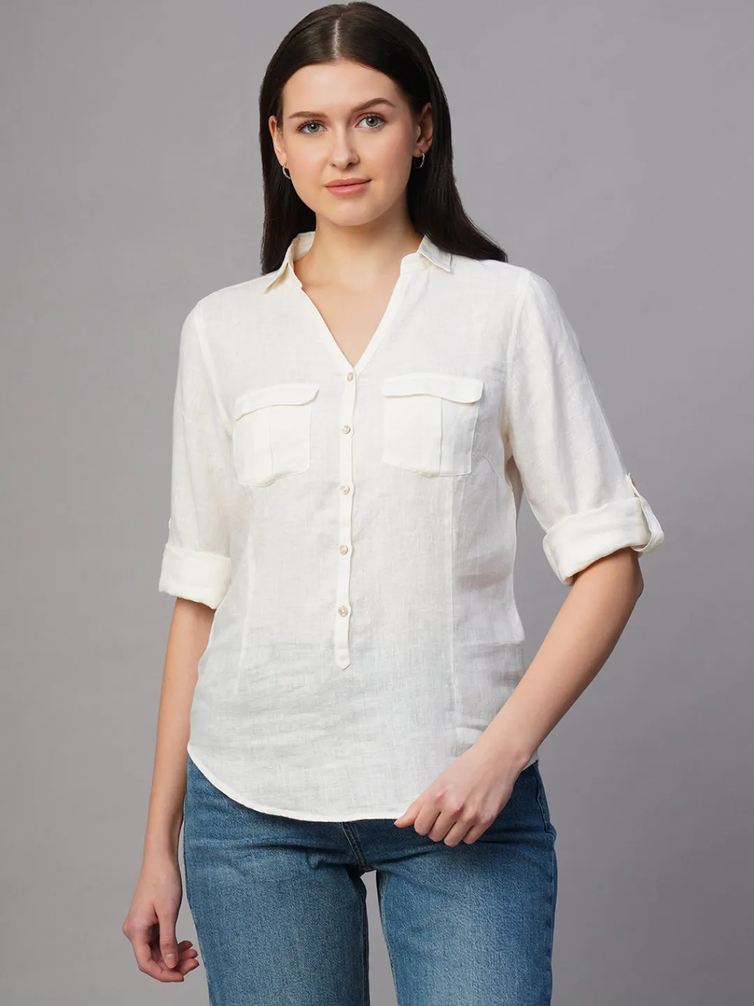 Women Cottonworld Tops & Shirts | Tops & Shirts^Women's 100% Linen Regular Fit Blouse