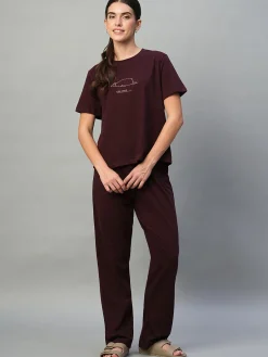 Women Cottonworld Loungewear^Women's 100% Cotton Regular Fit Knit Tshirt-Pyjama Set