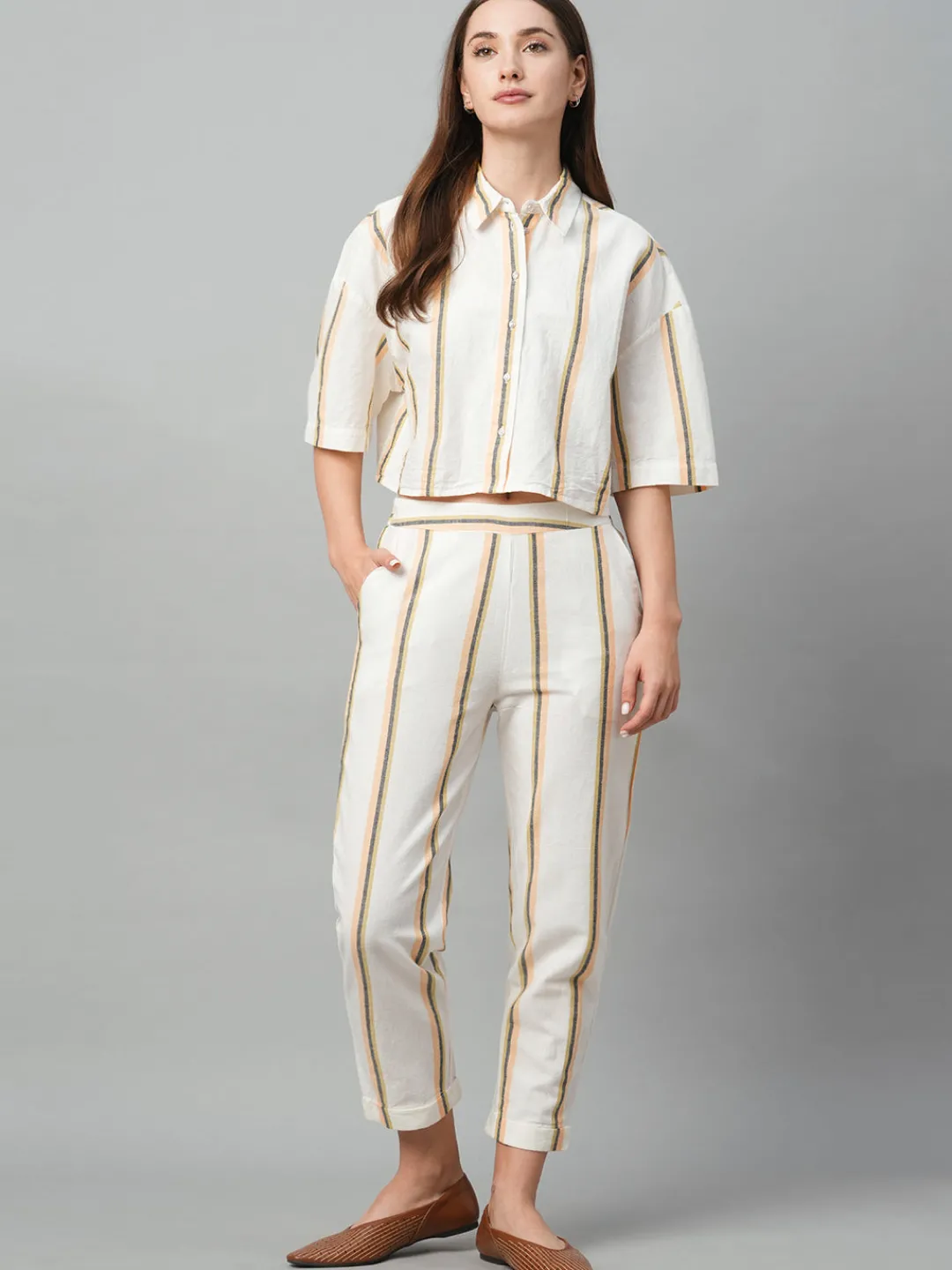 Women Cottonworld Tops & Shirts | Tops & Shirts^Women's Yellow Striped Linen Top