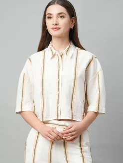 Women Cottonworld Tops & Shirts | Tops & Shirts^Women's Yellow Striped Linen Top