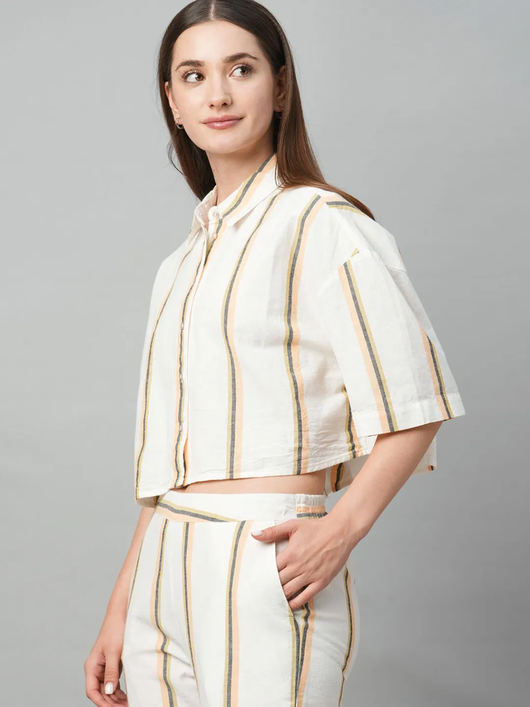 Women Cottonworld Tops & Shirts | Tops & Shirts^Women's Yellow Striped Linen Top